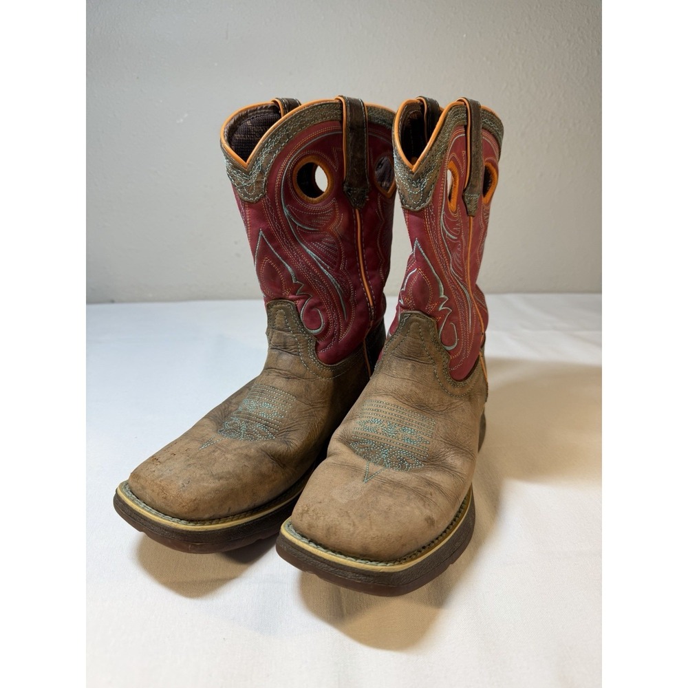 Durango Kids 8" Western Gator Boots Size 4M Pink Teal Square Toe‎ Gently Used